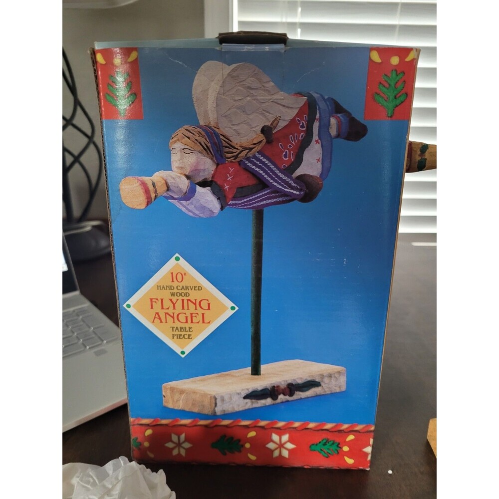 10" Hand Carved Wood 1994 Flying Angel Table Piece International Christmas